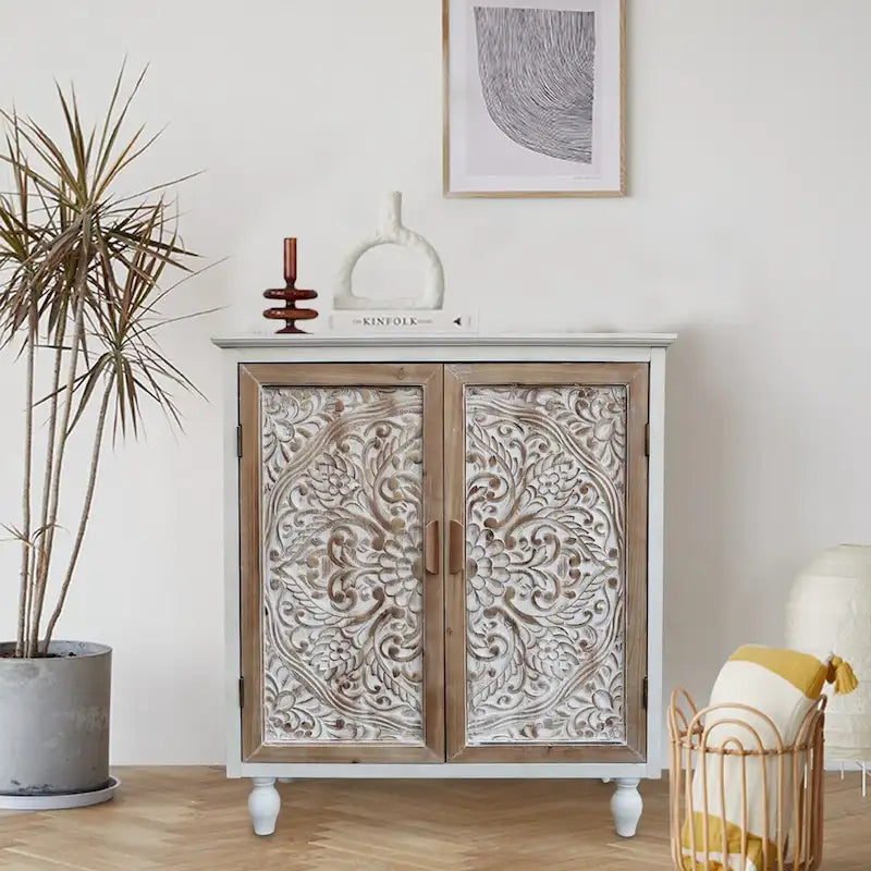 Vintage Free-Standing Buffet Cabinet with 2 Carved Doors, Brown and White