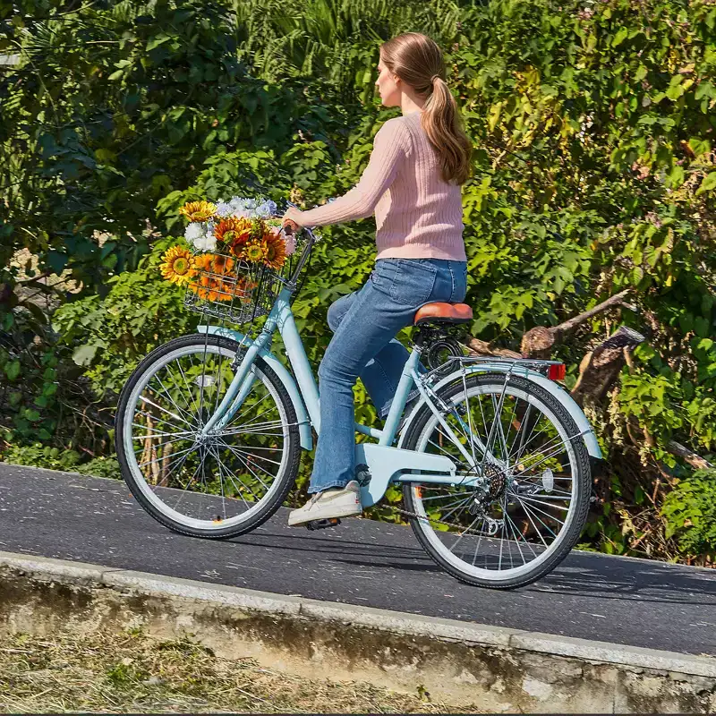 Vélo cruiser VEVOR, 7 vitesses, 26 pouces, bleu clair, avec grand panier et porte-bagages arrière, vélo cruiser sécurisé et robuste, bleu clair