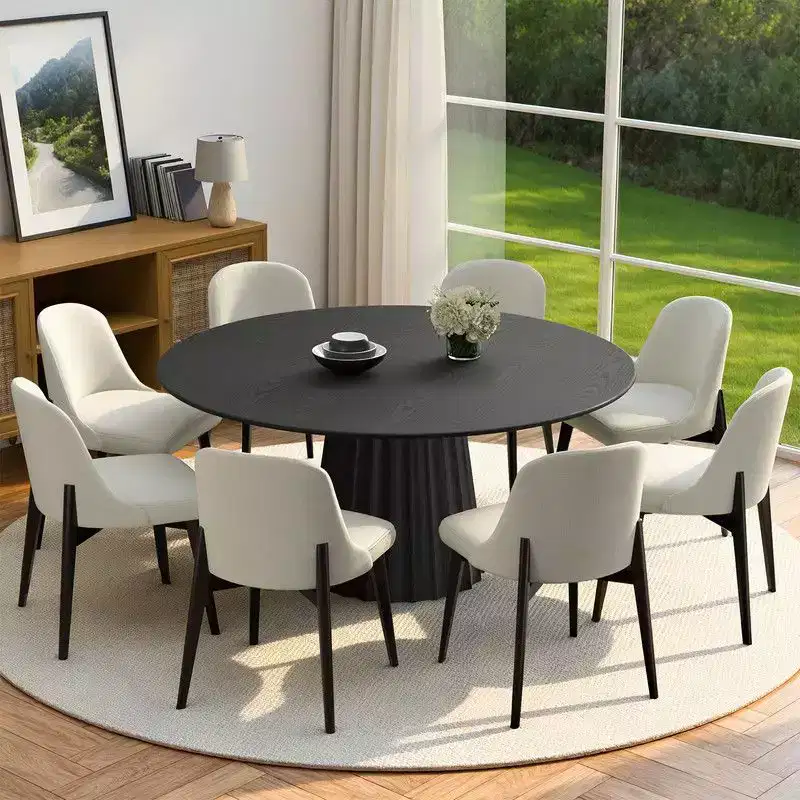 PexFix 60 Modern Round Dining Table Set with 8 Upholstered Chairs Black Textured Wood Top Pleated Pedestal Base Beige Seats for Kitchen Dining Room