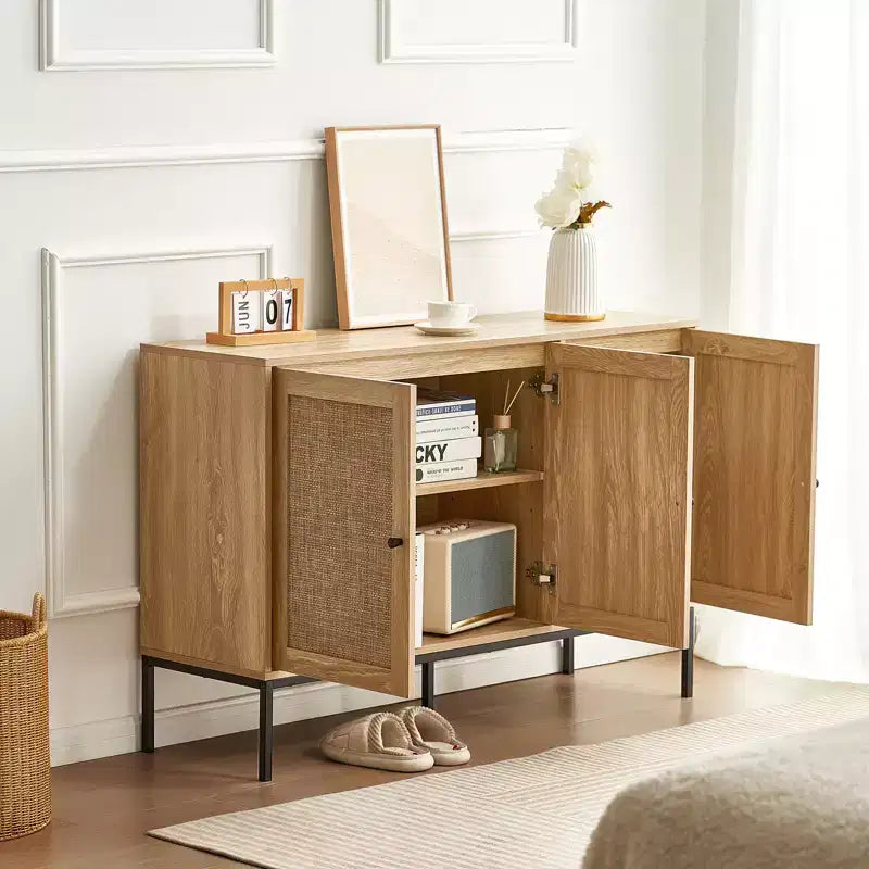 VEVOR Rattan Cabinet, Rattan Storage Cabinet with 3 Magnetic Doors and Adjustable Shelves, Sideboard Buffet Cabinet for Hallway, Entryway