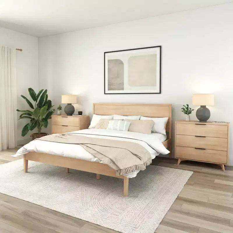 Solid Wood King Bed Frame with Panel Headboard, No Box Spring Needed