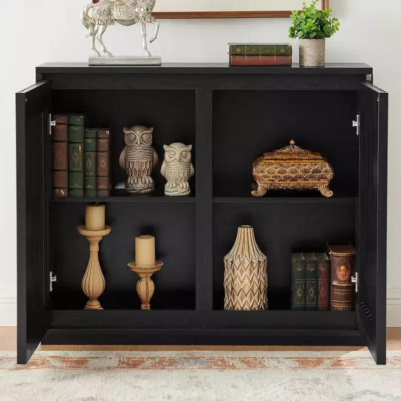 MAYEERTY Mid Century Modern Fluted Hollowed Out Sideboard Cabinet with 2 Outlet Holes for Entryway Hallway Black