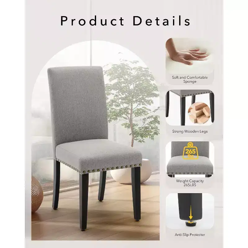 Modern Fabric Upholstered Dining Chairs Set of 2, Dining Chair with Wood Legs, Ergonomic Curved Back, 265LBS Capacity, for Dining Room, Kitchen