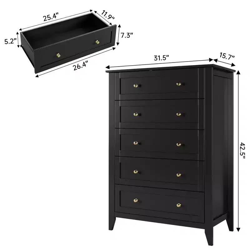 5 Drawer Tall Dresser – Black / Gray / White, 1 Person