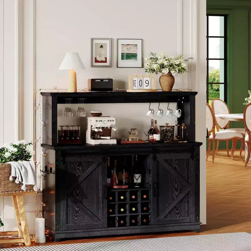 55 Farmhouse Coffee Bar Cabinet with Lights - Large Buffet Sideboard with Sliding Doors, Wine Rack, Adjustable Shelves for Kitchen, Dining Room