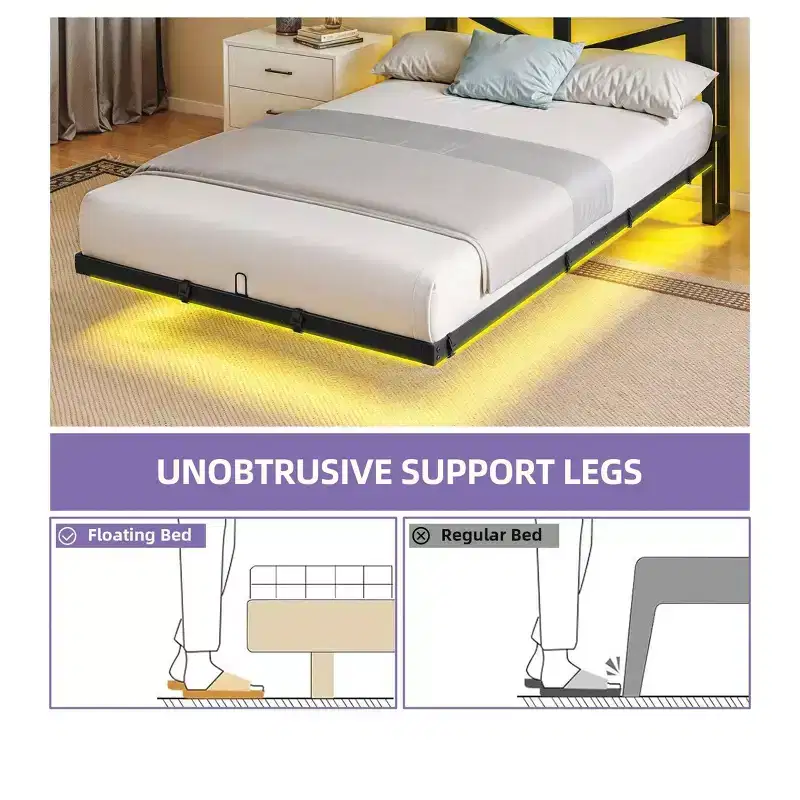 Twin Size LED Metal Floating Bed Frame with Charging Station - Heavy Duty Platform Bed
