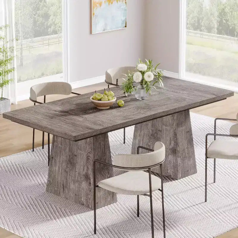 Lantine Dining Table for 6, Farmhouse Wood Rectangular Kitchen Table with Double Pedestal, 63 L x 31.5 W x 30 H, Grey