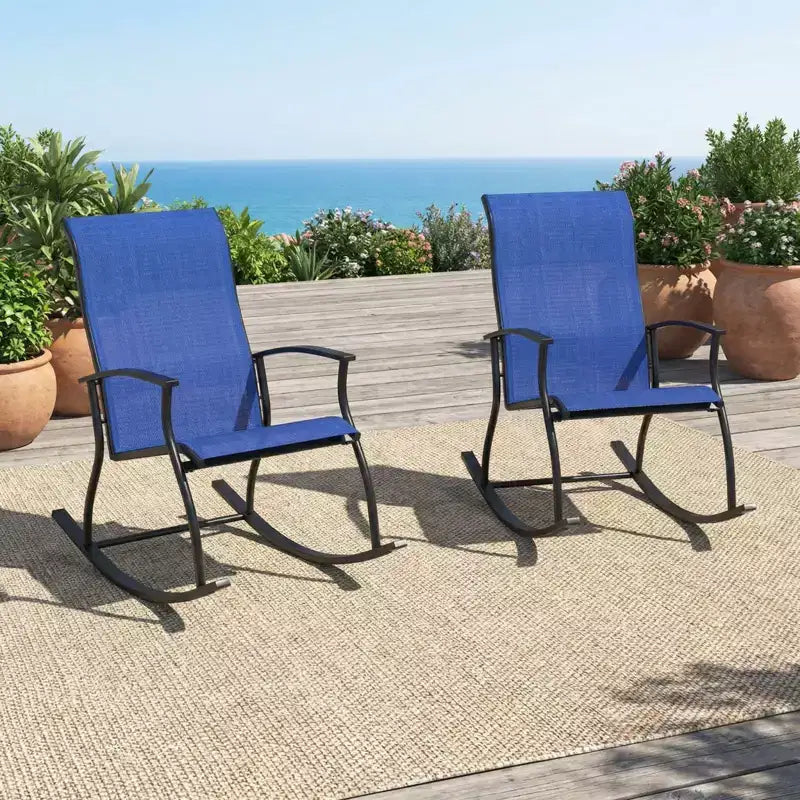 Gymax 2PC/4PC Outdoor Rocking Chairs with Ventilated Backrest and Smooth Secure Rocking Motion Navy + Black/Brown + Black/Black