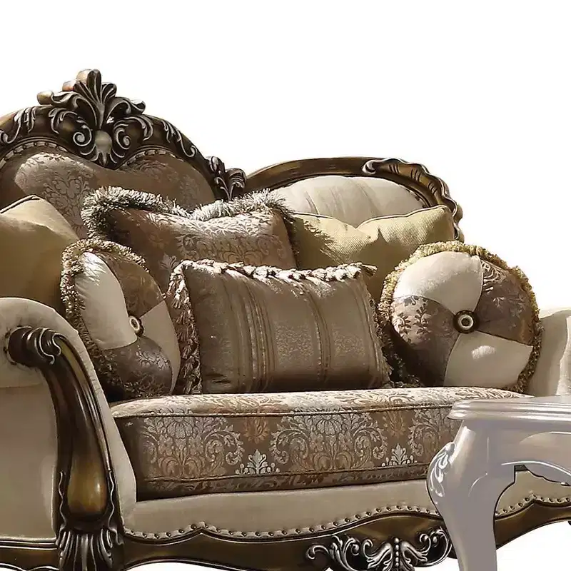 74" Latisha Sofa Tan, Pattern Fabric and Antique Oak Finish - Acme Furniture: Traditional Upholstered Loveseat, Tufted Design