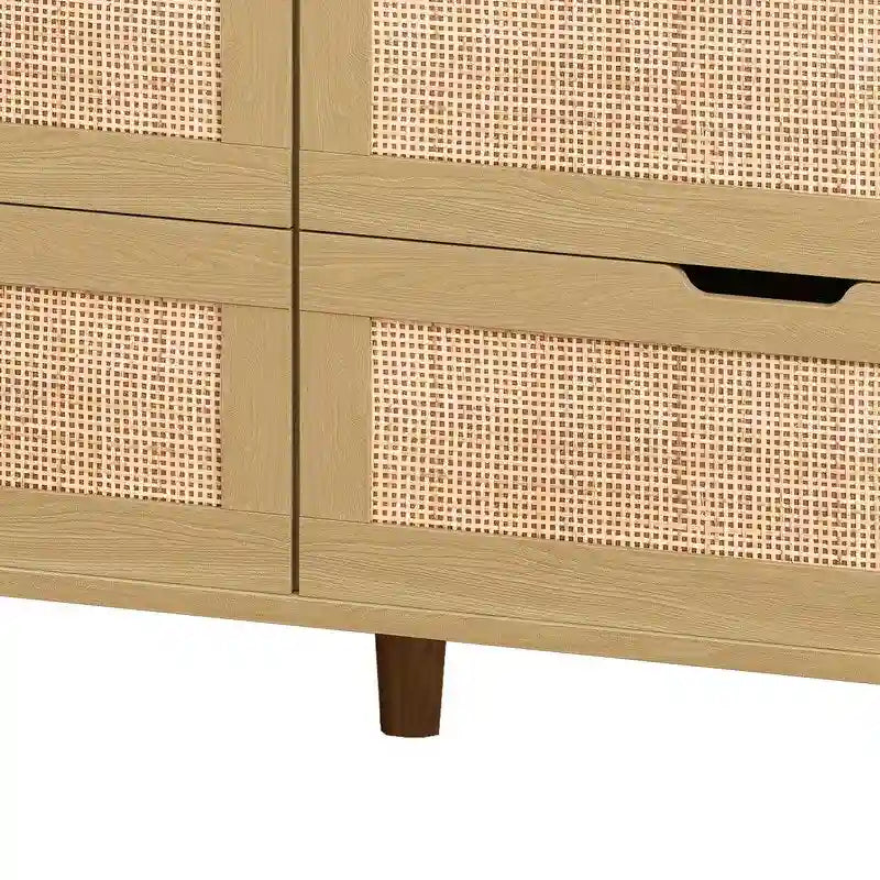 Bohemian Rattan 6-Drawer Sideboard Buffet with Adjustable LED Lights & Power Outlet
