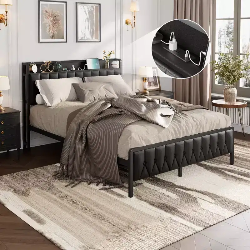 Bed Frame with Charging Station, All-Metal Platform Bed Frame with Storage Faux Leather Button Headboard and Footboard, No Box Spring Needed, Black
