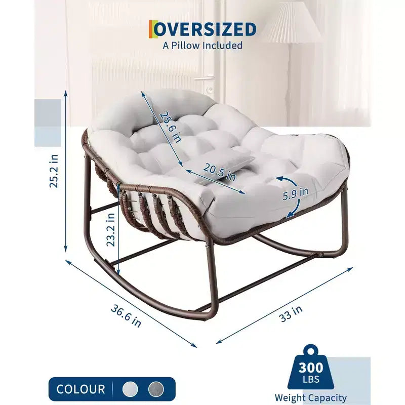 Rattan Oversized Papasan Rocking Chair with Thick White Cushion, Adult Egg Rocker & Lounge Seat for Outdoor Patio & Living Room Reading