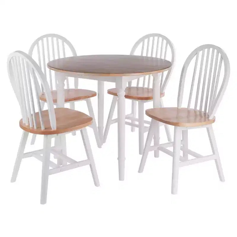 5pc Sorella Dining Table Set Natural/White - Round Drop Leaf, Solid Wood, 4 Windsor Chairs