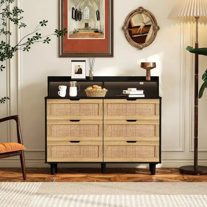Bohemian Rattan 6-Drawer Sideboard Buffet with Adjustable LED Lights & Power Outlet