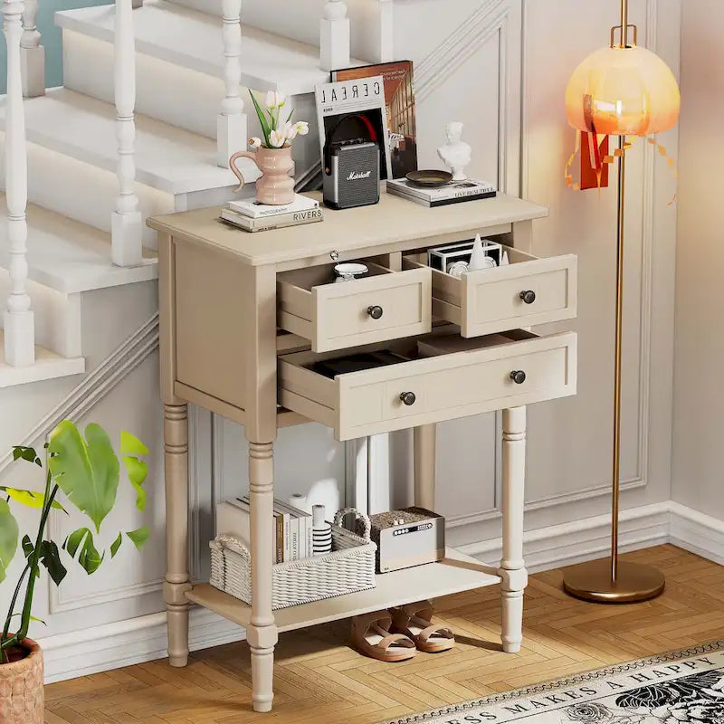 Narrow Console Table with Drawers and Bottom Shelf