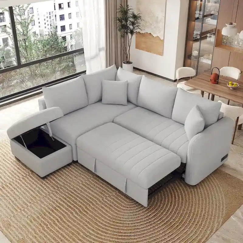L-shaped Sectional Pull Out Sofa Bed Sleeper Sofa USB,Power Sockets and a Movable Storage Ottoman, Gray