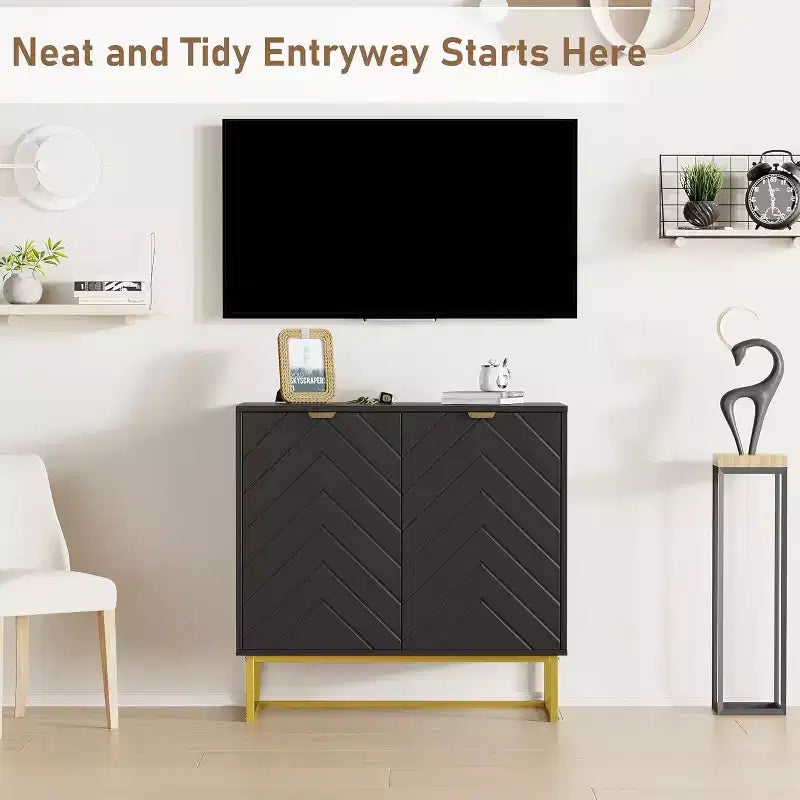 31.5W Modern Herringbone Wood Sideboard Buffet Cabinet with Gold Handles, 2-Door Credenza Console Table with Shelf for Dining Room and Entryway