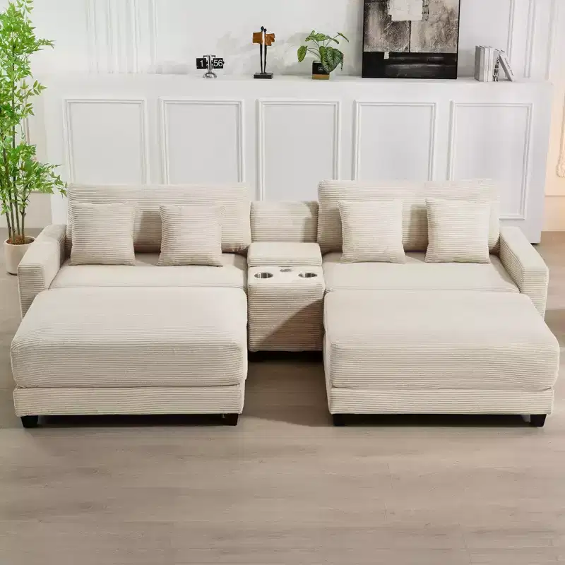 Hyleory 112'' Corduroy Sectional Sofa Bench with two ottomans and Storage side table living room