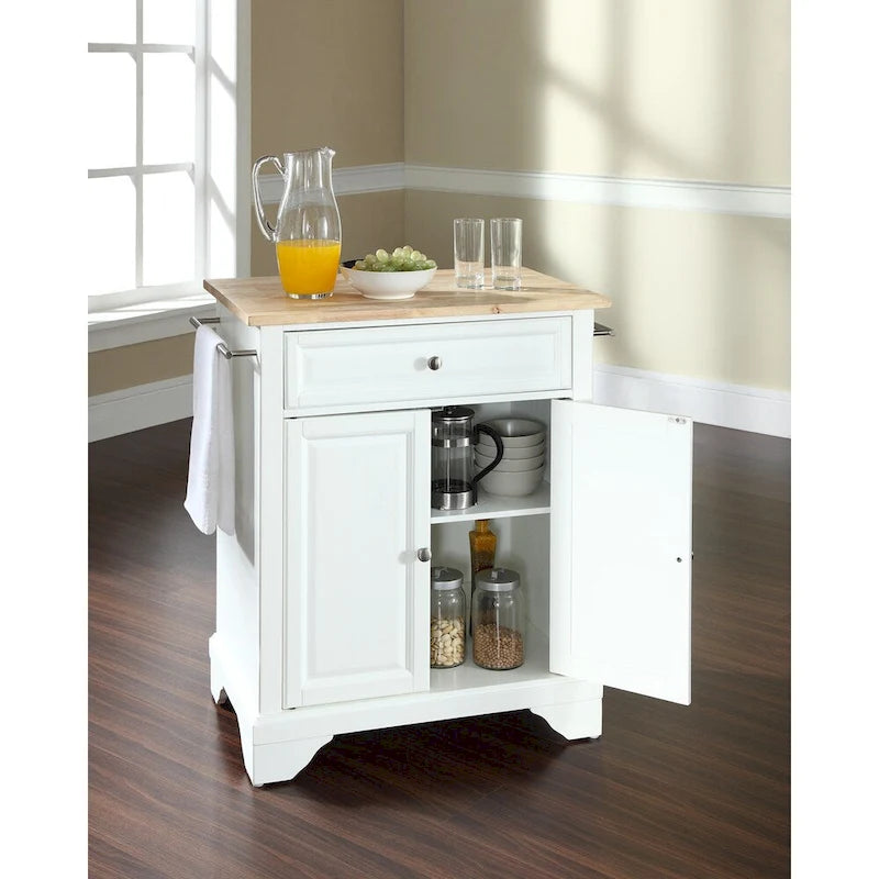White Portable Compact Kitchen Island with Stainless Steel Top Drawer and Towel Bars