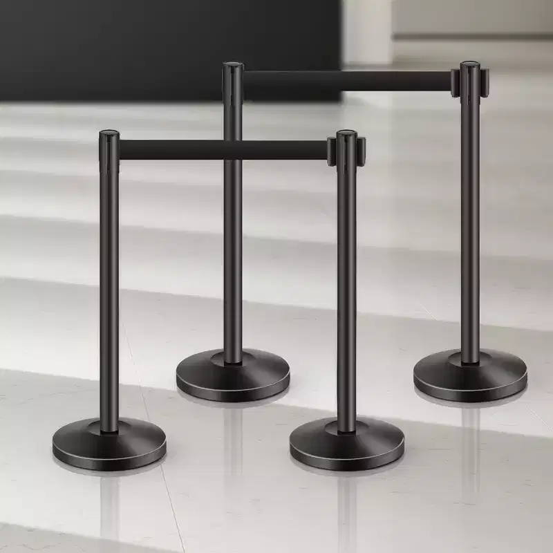 VEVOR Stanchion Post, 4 Pcs Stanchions with Retractable Belts, Carbon Steel Black Stanchions Queue with Sand Injection Hollow Base, Black