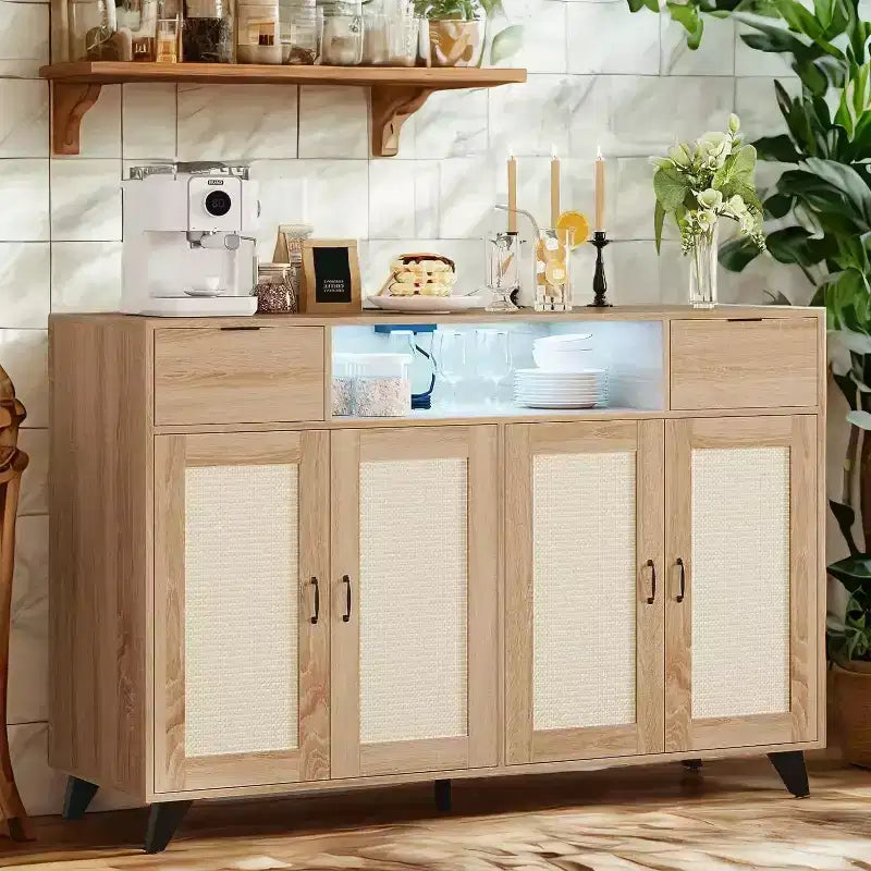 Acekool Buffet Cabinet with Charging Station & LED Lights  Adjustable Storage for Kitchen, Dining, and Living Room (Black)