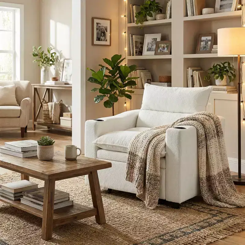 Convertible Sleeper Chair with Pull Out Bed and Cup Holders, Lychee Velvet Sofa Bed Chair for Living Room, Guest Room or Small Space, Cream
