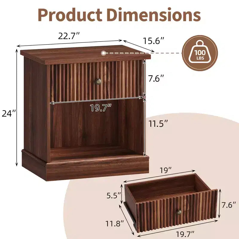 24 Fluted Nightstand with Drawer, Mid Century Modern Bedside Table with Open Shelf, Wood Nightstand with Curved Edge Base for Living Room Bedroom
