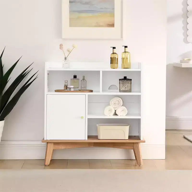 Sideboard Buffet Cabinet, Colorblocking Floor Sideboard with Wood Base & Feet, Wooden Cabinet with 1 Door and 4 Open Storage Shelves OFF White