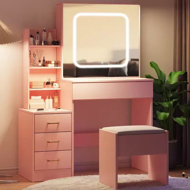 Vanity Set with Sliding LED Mirror, 4 Drawers, Power Outlet, Storage Shelves, Open Shelf, Cushioned Stool, Makeup Dressing Table for Bedroom, Pink