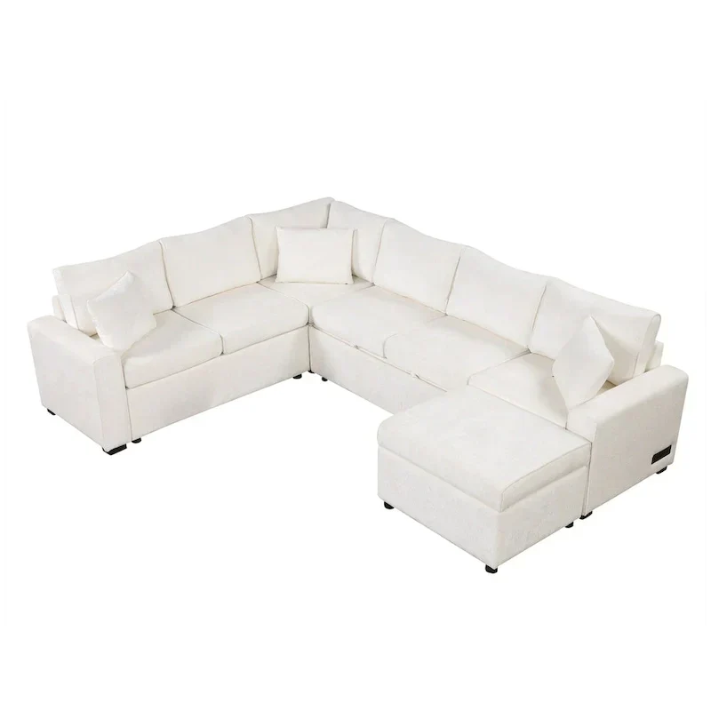 Chenille Sectional Sofa Pull-out Sofa Bed, L-Shape Sleeper Sofa with Storage Ottoman, 3 Pillows and Charging Devices