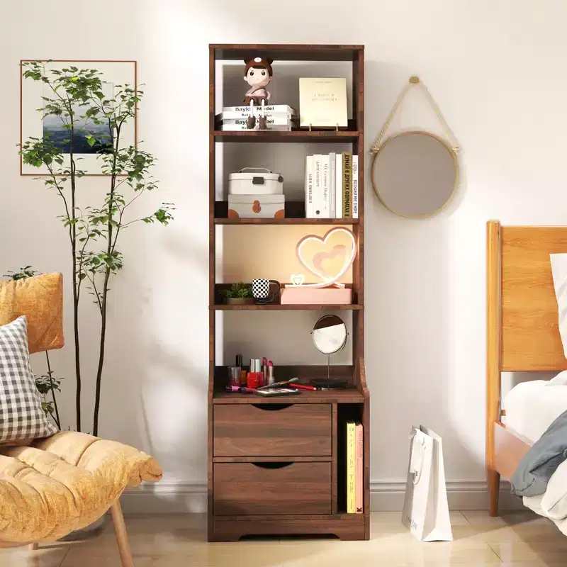 JVNOXK 18-inch bedside table with bookshelf, featuring two storage drawers. Vertical space storage cabinet with wooden structure, walnut finish