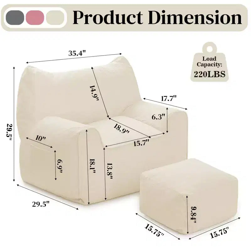 Hommpa Cat Shaped Ergonomic Corduroy Bean Bag Chair with Ottoman for Adults - Plush Ergonomic Lounge Sofa, Gaming & Relaxation Seat