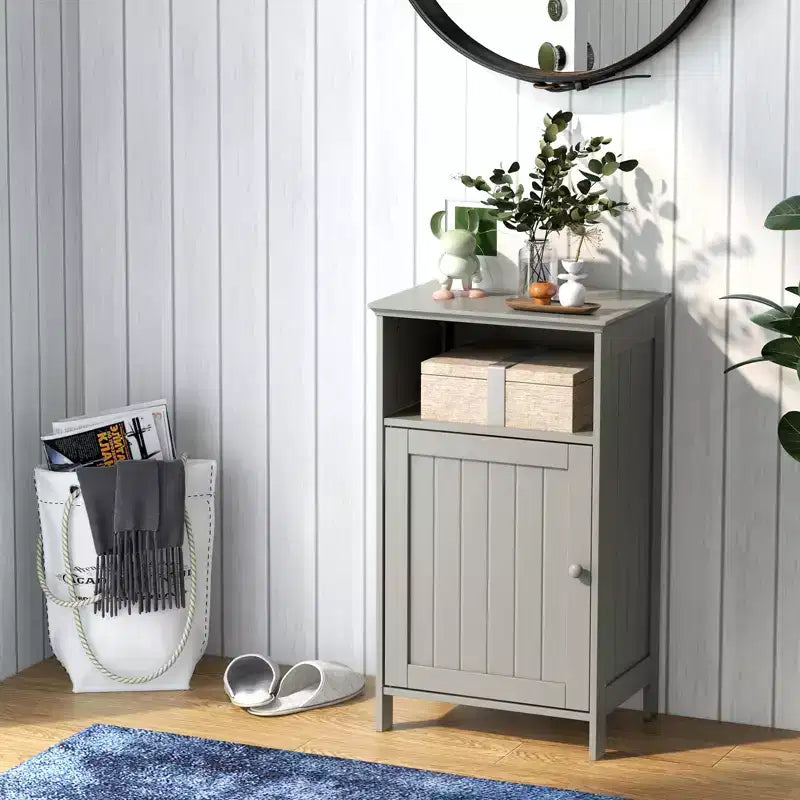 Costway Bathroom Floor Cabinet Single Door Side Cabinet w/ Open Compartment & 3-Position Adjustable Shelf White/Grey