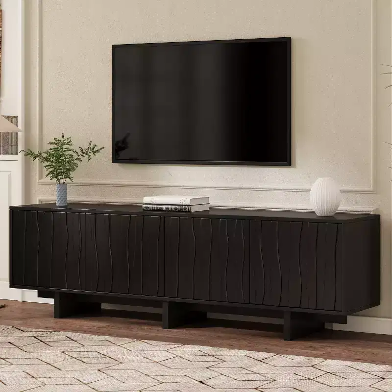 MDF TV Stand with Wood Grain Finish & Push-Open Doors 69.6''W x 20.8''H
