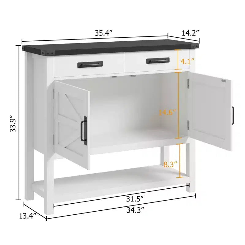 Entryway Table Storage Cabinet - 2 Doors & 2 Drawers Solid Wood, Multifunctional Coffee Bar, Sofa Console for Living Room, Hallway (White)