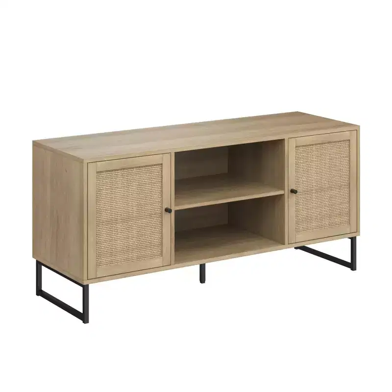 Nathan James 47 Mina Rattan and Wood 2 Door TV Cabinet for TVs up to 59 Light Oak/Matte Black: Media Console with Storage