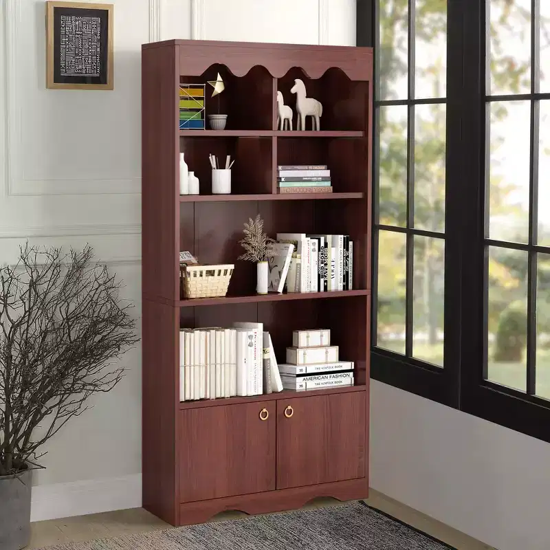 5 Tier Bookcase with Doors, 63 in Tall Modern White Bookshelf with Cabinets, Wood Book Shelf Display Cabinet for Bedroom, Living Room, Office