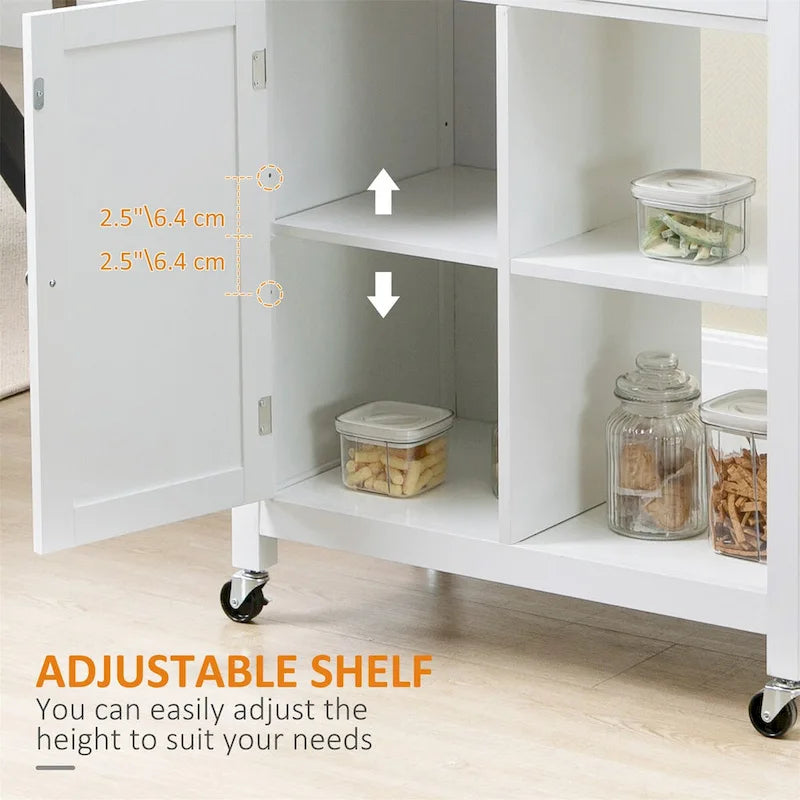 White Rolling Kitchen Island Cart with Solid Wood Top Drawer Cabinet and Open Shelves