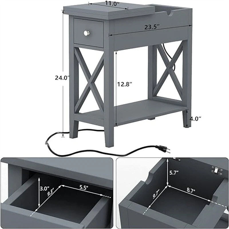 Narrow End Table with Flip Top Drawer and Charging Station