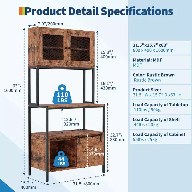 63 Industrial Microwave Stand with Cabinets & Charging Station,5-Tier Kitchen Bakers Rack for Dining Room, Living Room, Apartments
