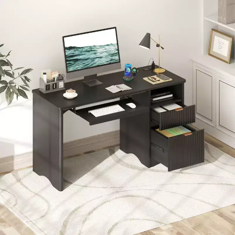 55 Computer Writing PC Desk Home Office with Power Outlets Keyboard Tray and Storage Drawers