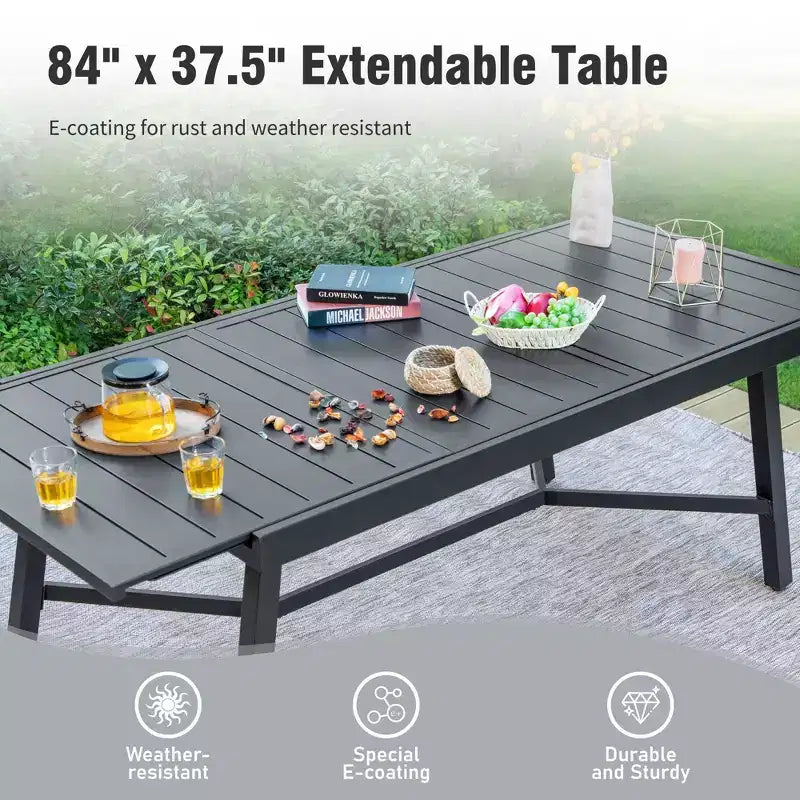 Captiva Designs 9pc Patio Dining Extendable Black Steel Rectangle Table & Textilene Swivel Chairs
