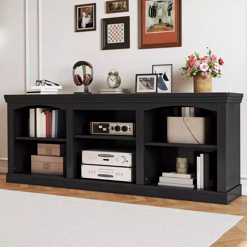 Farmhouse TV Stand for 75/80 Inch TV, Entertainment Center with Adjustable Shelf, Large Wooden TV Console Table for Living Room ,Black