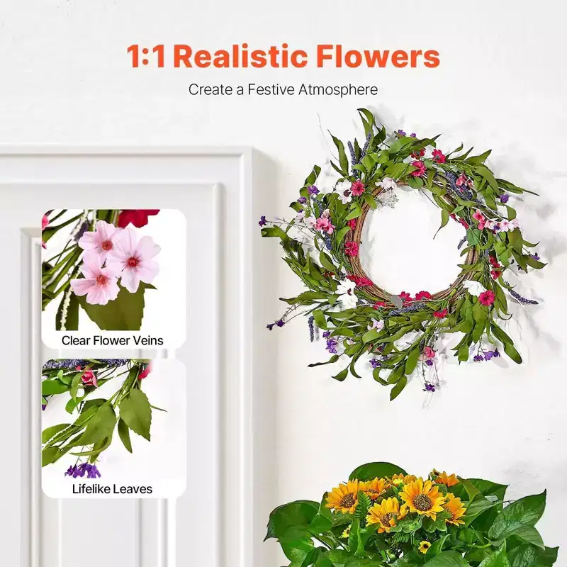 Artificial Decorative Wreath 22 in Pink Green with Daisies Year Round Wreath