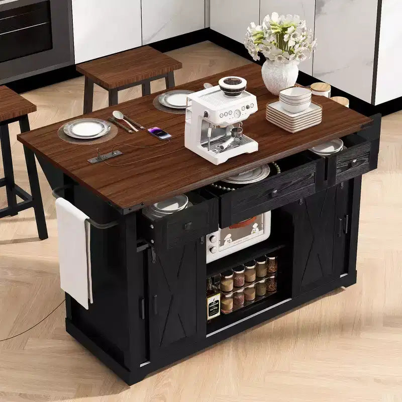 Whisen 58 Kitchen Island with Storage, Sliding Barn Door & Metal Grid Side Door, Spice Rack