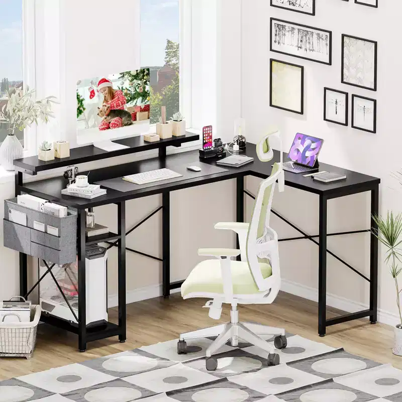 54 Inch Reversible L Shaped Desk, Corner Computer Desk, Monitor Stand, Power Outlets, LED Lights, for Home, Office, Bedroom