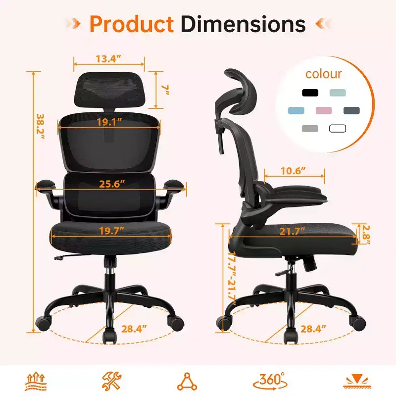 Breathable Mesh Comfy Chair with Lumbar Support, Flip-up Armrests, Gaming Chair for Home Office