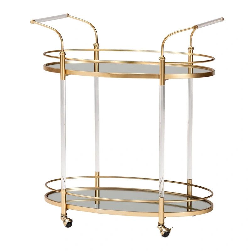 Gold Metal and Mirrored Glass 2-Tier Rolling Wine Cart with Raised Guard Rails