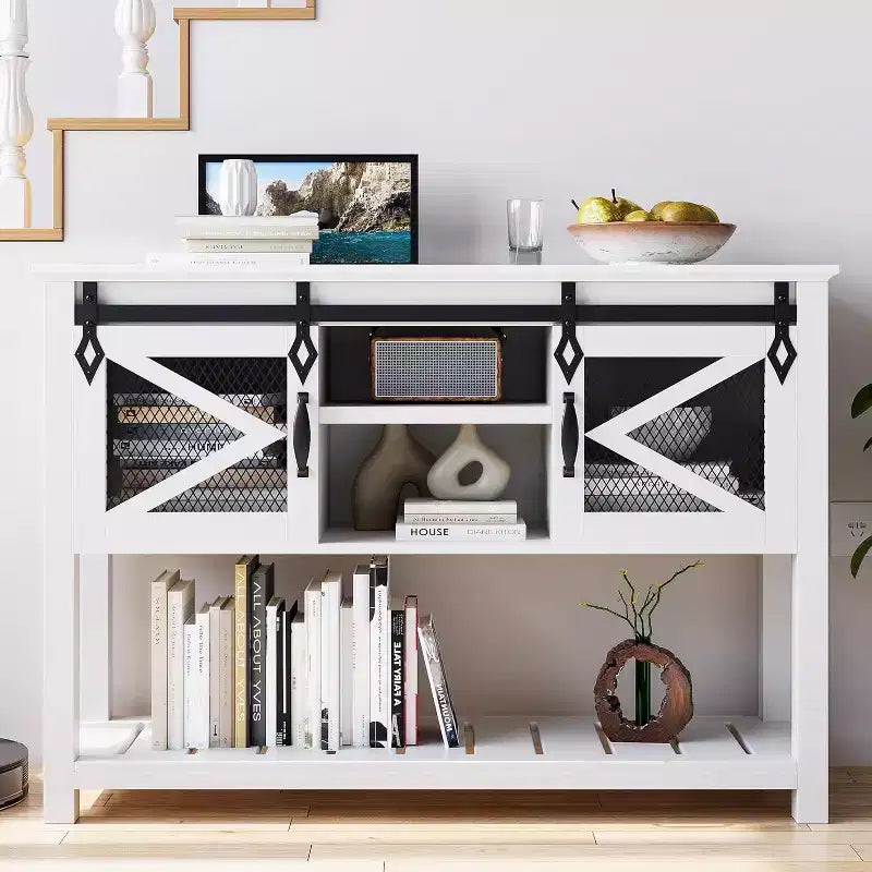 Farmhouse Entryway Table with Sliding Barn Doors,Rustic Console Table with Storage,Open Shelf & Metal Mesh Accents,Industrial Sofa Table for Hallway