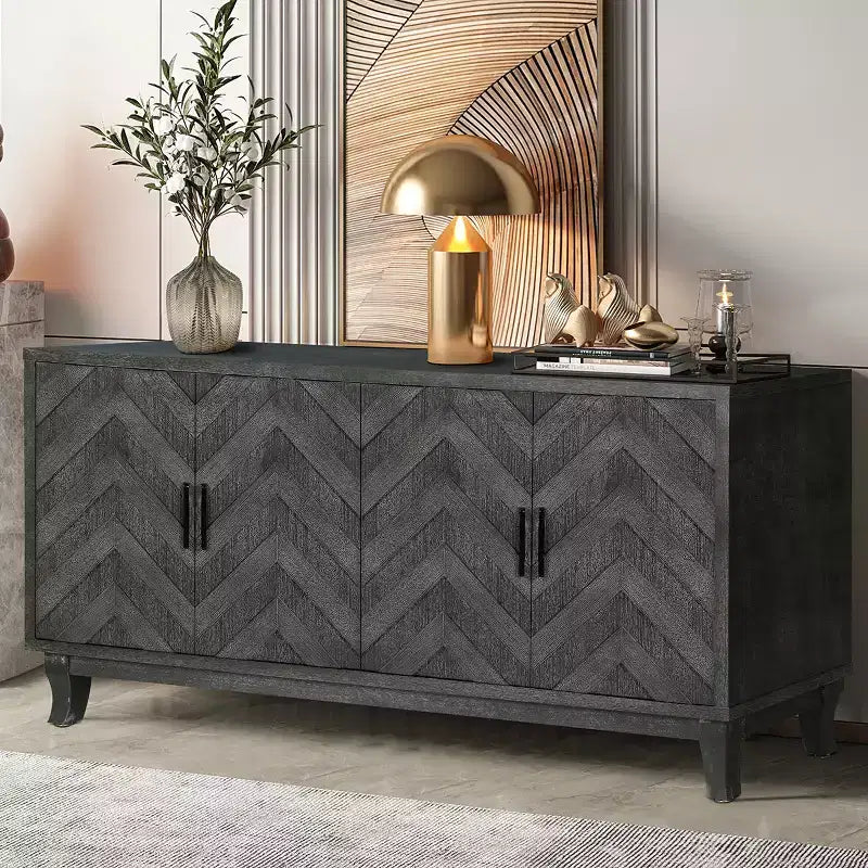 Vintage Textured Sideboard Storage Cabinet, 60 Retro Buffet Server with Chevron Pattern Doors, Adjustable Shelves - Panipeachy